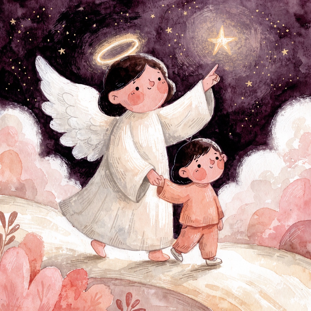 Anjo da Guarda de mãos dadas com uma criança, apontando uma estrela