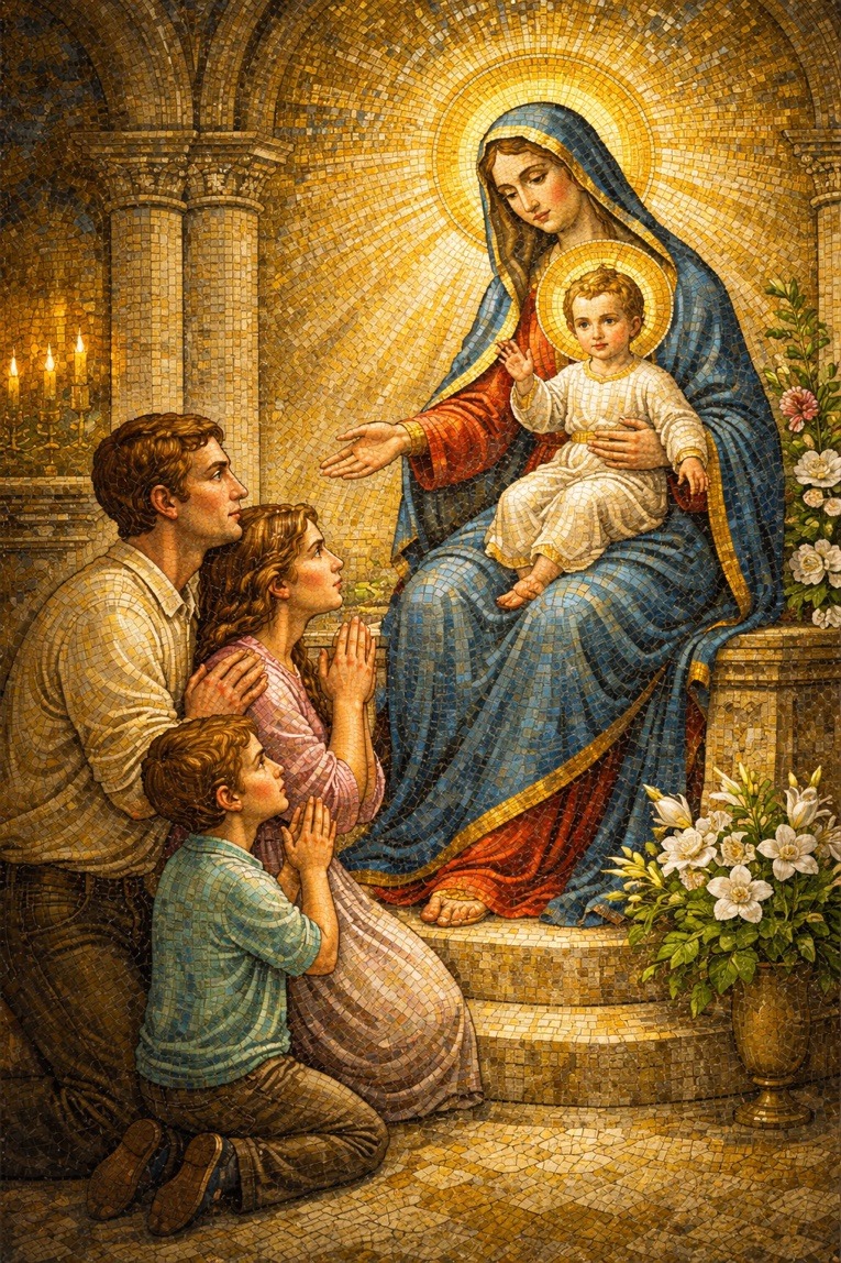 Família rezando diante de Maria com o Menino Jesus